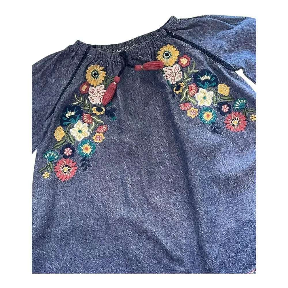 Mud Pie Baby Girls 9-12M Chambray Wildflower Floral Embroidered Dress